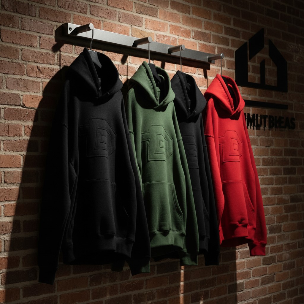 The image depicts four hooded sweatshirts of various colors (gray, green, black, and red) suspended from black hooks in a ...