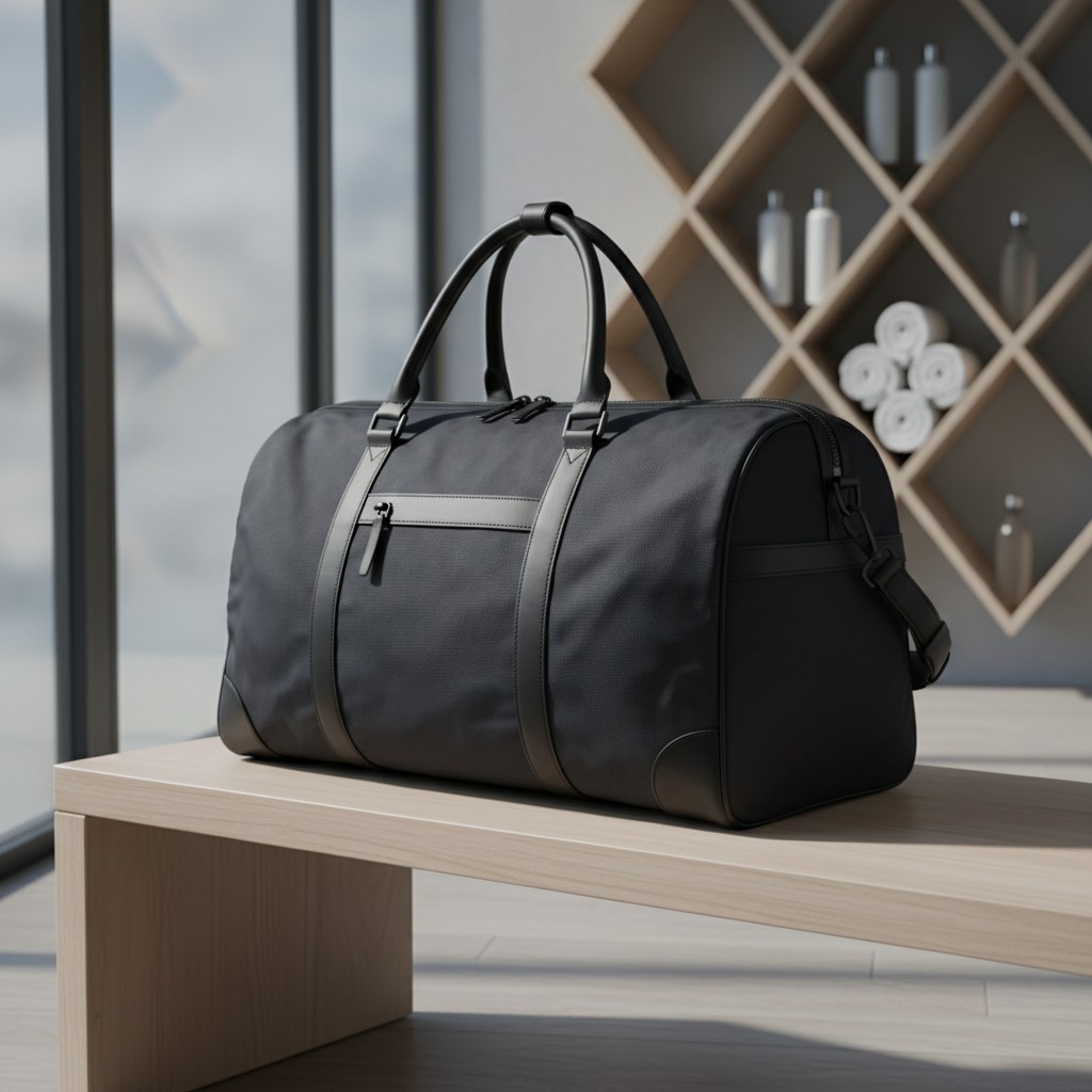 The image depicts a large, dark grey leather duffel bag placed on a light wooden bench, with a glass window in the backgro...